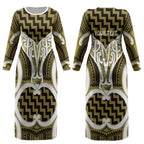 Aotearoa Atua Tangaroa Personalised Couples Matching Long Sleeve Bodycon Dress and Long Sleeve Button Shirt God Of The Sea Maori Whale Tail Yellow