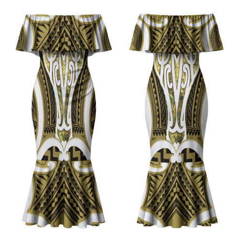 Aotearoa Atua Tangaroa Personalised Couples Matching Mermaid Dress and Hawaiian Shirt God Of The Sea Maori Whale Tail Yellow