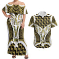 Aotearoa Atua Tangaroa Personalised Couples Matching Off Shoulder Maxi Dress and Hawaiian Shirt God Of The Sea Maori Whale Tail Yellow