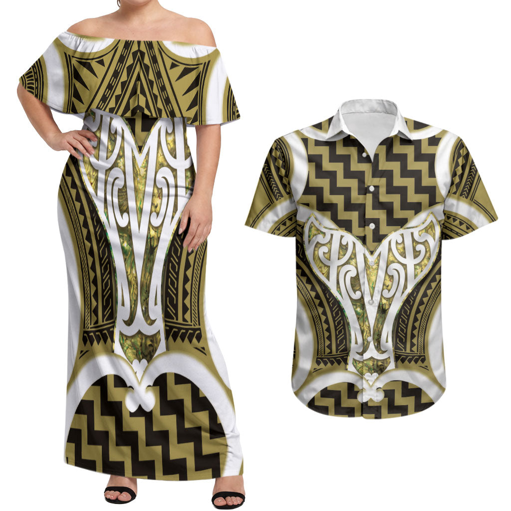Aotearoa Atua Tangaroa Personalised Couples Matching Off Shoulder Maxi Dress and Hawaiian Shirt God Of The Sea Maori Whale Tail Yellow