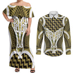 Aotearoa Atua Tangaroa Personalised Couples Matching Off Shoulder Maxi Dress and Long Sleeve Button Shirt God Of The Sea Maori Whale Tail Yellow