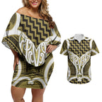 Aotearoa Atua Tangaroa Personalised Couples Matching Off Shoulder Short Dress and Hawaiian Shirt God Of The Sea Maori Whale Tail Yellow