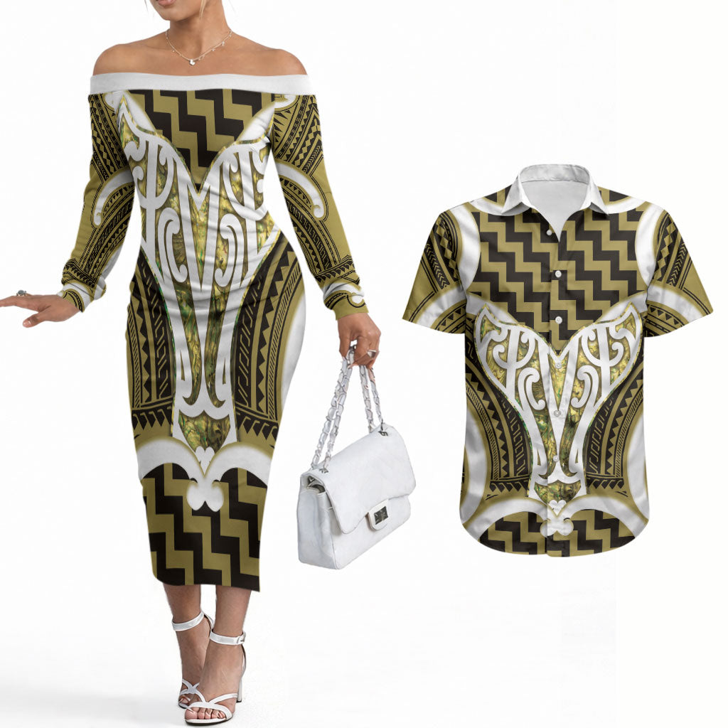 Aotearoa Atua Tangaroa Personalised Couples Matching Off The Shoulder Long Sleeve Dress and Hawaiian Shirt God Of The Sea Maori Whale Tail Yellow