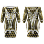 Aotearoa Atua Tangaroa Personalised Couples Matching Off The Shoulder Long Sleeve Dress and Hawaiian Shirt God Of The Sea Maori Whale Tail Yellow