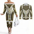 Aotearoa Atua Tangaroa Personalised Couples Matching Off The Shoulder Long Sleeve Dress and Long Sleeve Button Shirt God Of The Sea Maori Whale Tail Yellow