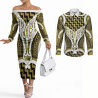 Aotearoa Atua Tangaroa Personalised Couples Matching Off The Shoulder Long Sleeve Dress and Long Sleeve Button Shirt God Of The Sea Maori Whale Tail Yellow