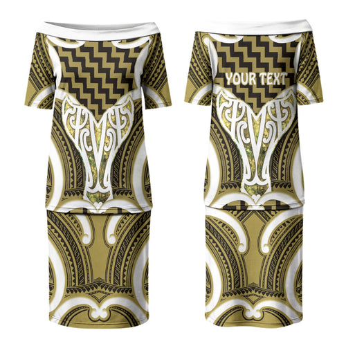 Aotearoa Atua Tangaroa Personalised Couples Matching Puletasi and Long Sleeve Button Shirt God Of The Sea Maori Whale Tail Yellow
