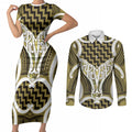 Aotearoa Atua Tangaroa Personalised Couples Matching Short Sleeve Bodycon Dress and Long Sleeve Button Shirt God Of The Sea Maori Whale Tail Yellow
