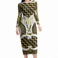 Aotearoa Atua Tangaroa Personalised Long Sleeve Bodycon Dress God Of The Sea Maori Whale Tail Yellow