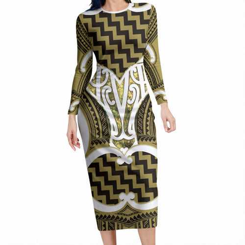 Aotearoa Atua Tangaroa Personalised Long Sleeve Bodycon Dress God Of The Sea Maori Whale Tail Yellow