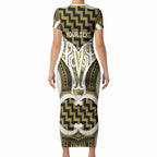 Aotearoa Atua Tangaroa Personalised Short Sleeve Bodycon Dress God Of The Sea Maori Whale Tail Yellow