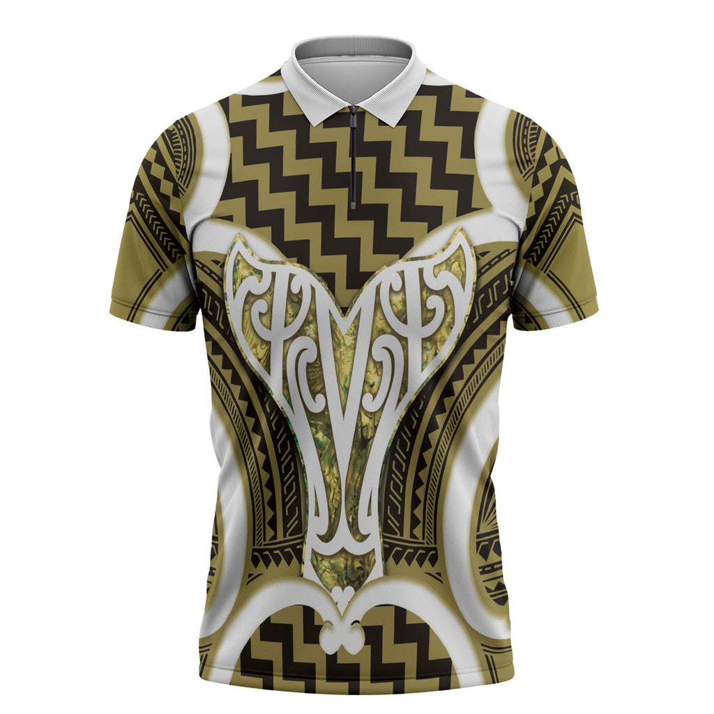 Aotearoa Atua Tangaroa Personalised Zipper Polo Shirt God Of The Sea Maori Whale Tail Yellow
