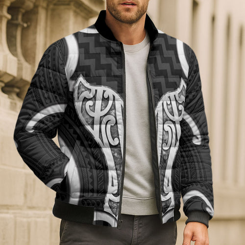 Aotearoa Atua Tangaroa Personalised Bomber Puffer Jacket God Of The Sea Maori Whale Tail Black