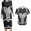 Aotearoa Atua Tangaroa Personalised Couples Matching Long Sleeve Bodycon Dress and Hawaiian Shirt God Of The Sea Maori Whale Tail Black