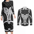 Aotearoa Atua Tangaroa Personalised Couples Matching Long Sleeve Bodycon Dress and Long Sleeve Button Shirt God Of The Sea Maori Whale Tail Black