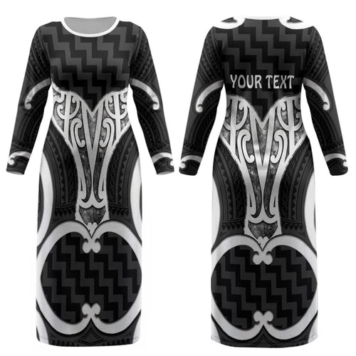 Aotearoa Atua Tangaroa Personalised Couples Matching Long Sleeve Bodycon Dress and Long Sleeve Button Shirt God Of The Sea Maori Whale Tail Black