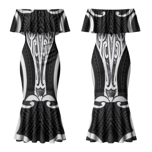 Aotearoa Atua Tangaroa Personalised Couples Matching Mermaid Dress and Hawaiian Shirt God Of The Sea Maori Whale Tail Black