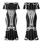 Aotearoa Atua Tangaroa Personalised Couples Matching Mermaid Dress and Long Sleeve Button Shirt God Of The Sea Maori Whale Tail Black