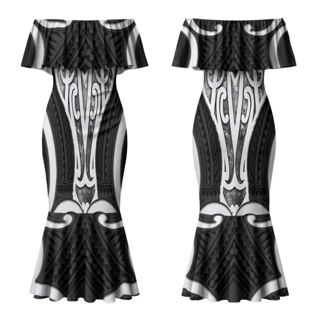Aotearoa Atua Tangaroa Personalised Couples Matching Mermaid Dress and Long Sleeve Button Shirt God Of The Sea Maori Whale Tail Black