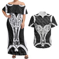 Aotearoa Atua Tangaroa Personalised Couples Matching Off Shoulder Maxi Dress and Hawaiian Shirt God Of The Sea Maori Whale Tail Black