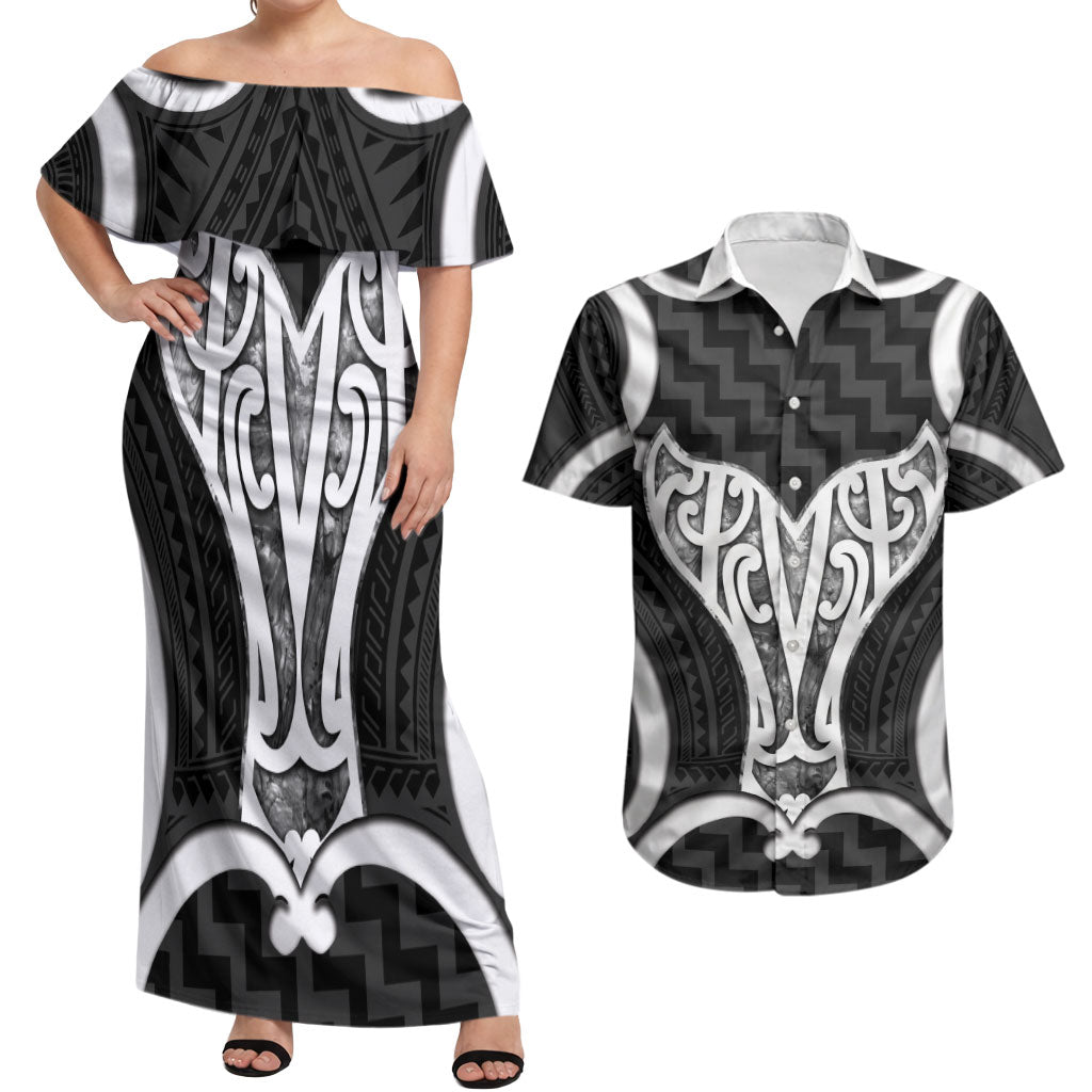 Aotearoa Atua Tangaroa Personalised Couples Matching Off Shoulder Maxi Dress and Hawaiian Shirt God Of The Sea Maori Whale Tail Black