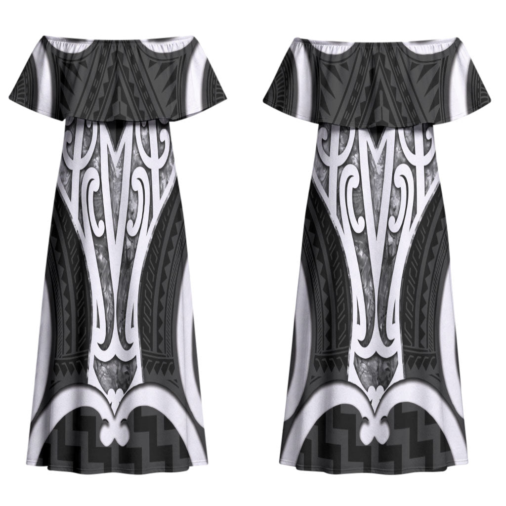 Aotearoa Atua Tangaroa Personalised Couples Matching Off Shoulder Maxi Dress and Hawaiian Shirt God Of The Sea Maori Whale Tail Black