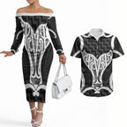 Aotearoa Atua Tangaroa Personalised Couples Matching Off The Shoulder Long Sleeve Dress and Hawaiian Shirt God Of The Sea Maori Whale Tail Black