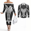 Aotearoa Atua Tangaroa Personalised Couples Matching Off The Shoulder Long Sleeve Dress and Long Sleeve Button Shirt God Of The Sea Maori Whale Tail Black