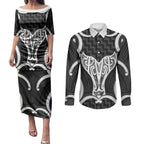 Aotearoa Atua Tangaroa Personalised Couples Matching Puletasi and Long Sleeve Button Shirt God Of The Sea Maori Whale Tail Black