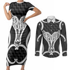 Aotearoa Atua Tangaroa Personalised Couples Matching Short Sleeve Bodycon Dress and Long Sleeve Button Shirt God Of The Sea Maori Whale Tail Black