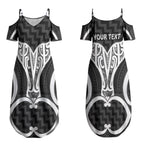 Aotearoa Atua Tangaroa Personalised Couples Matching Summer Maxi Dress and Long Sleeve Button Shirt God Of The Sea Maori Whale Tail Black