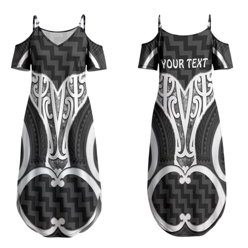 Aotearoa Atua Tangaroa Personalised Couples Matching Summer Maxi Dress and Long Sleeve Button Shirt God Of The Sea Maori Whale Tail Black