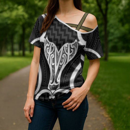 Aotearoa Atua Tangaroa Personalised Cross Shoulder Shirt God Of The Sea Maori Whale Tail Black