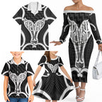 Aotearoa Atua Tangaroa Personalised Family Matching Off The Shoulder Long Sleeve Dress and Hawaiian Shirt God Of The Sea Maori Whale Tail Black