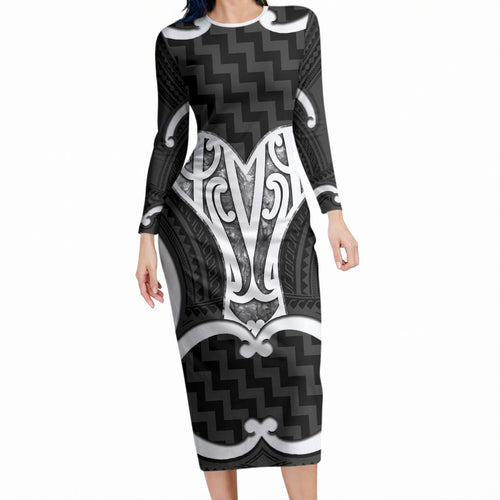 Aotearoa Atua Tangaroa Personalised Long Sleeve Bodycon Dress God Of The Sea Maori Whale Tail Black
