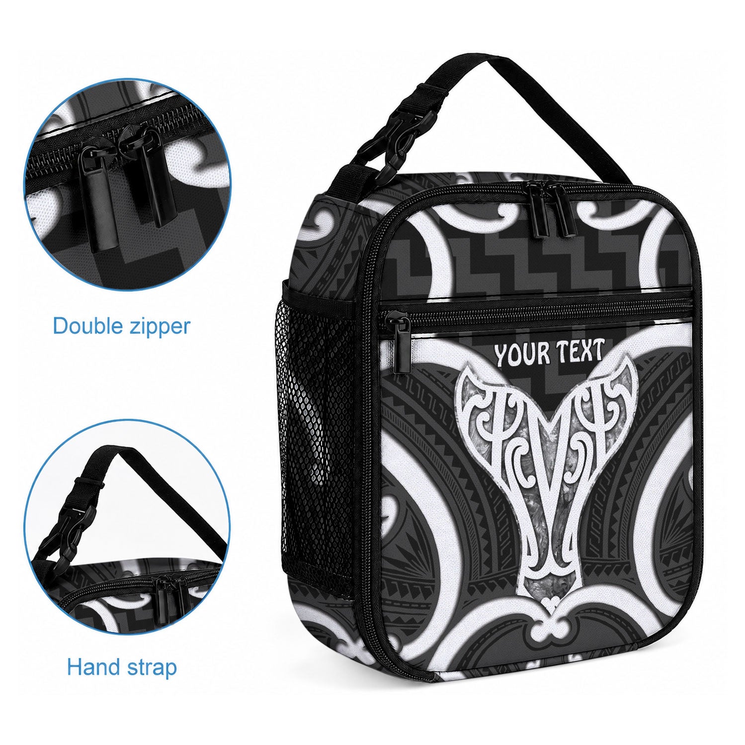 Aotearoa Atua Tangaroa Personalised Lunch Bag God Of The Sea Maori Whale Tail Black