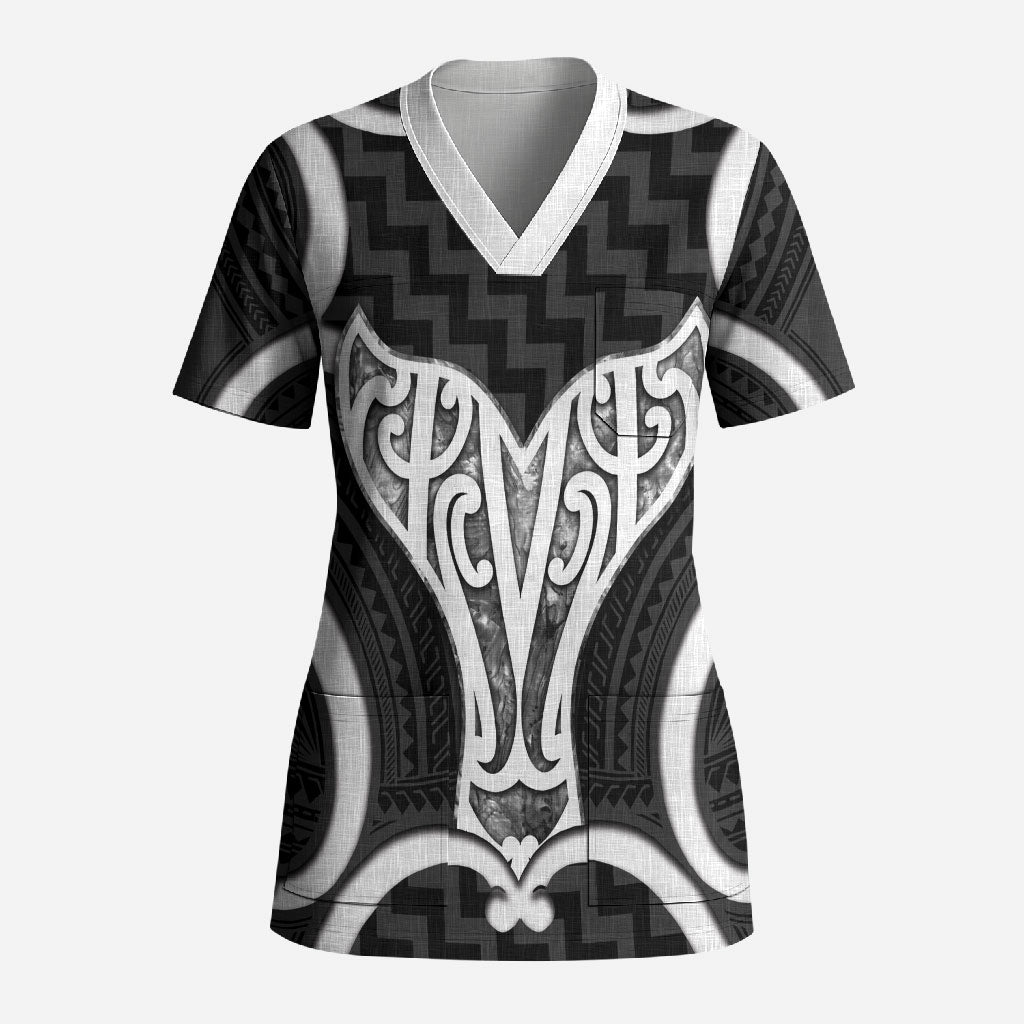 Aotearoa Atua Tangaroa Personalised Scrub Top God Of The Sea Maori Whale Tail Black