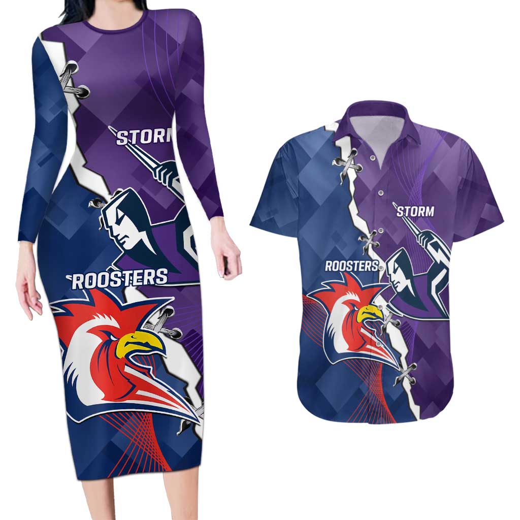 Custom NRL Storm And Roosters Rugby 2024 Couples Matching Long Sleeve Bodycon Dress and Hawaiian Shirt Go Champions Dynamic Version