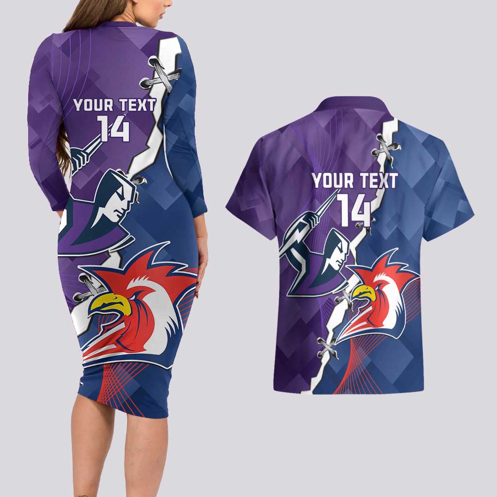Custom NRL Storm And Roosters Rugby 2024 Couples Matching Long Sleeve Bodycon Dress and Hawaiian Shirt Go Champions Dynamic Version