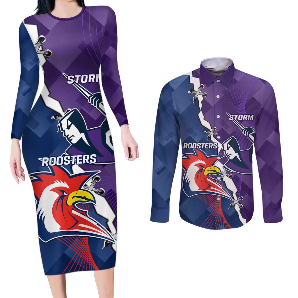 Custom NRL Storm And Roosters Rugby 2024 Couples Matching Long Sleeve Bodycon Dress and Long Sleeve Button Shirt Go Champions Dynamic Version