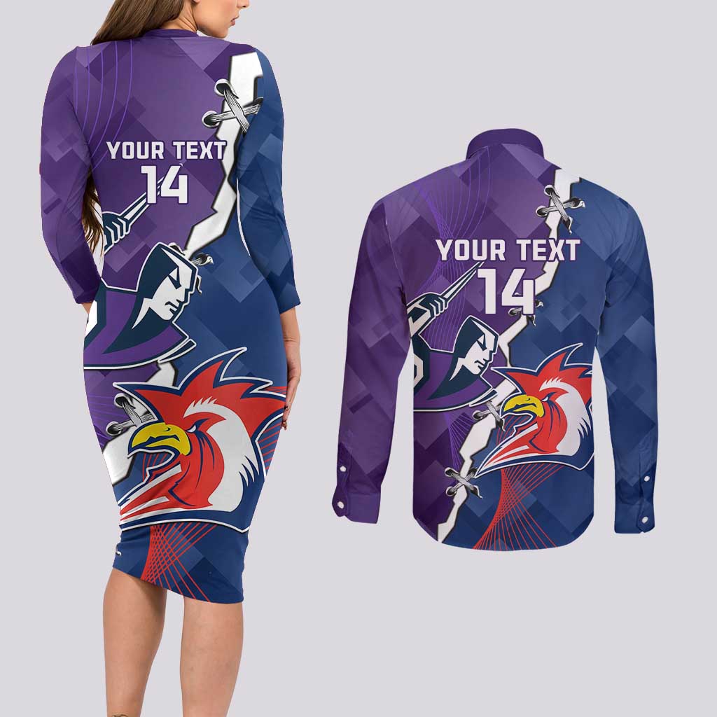Custom NRL Storm And Roosters Rugby 2024 Couples Matching Long Sleeve Bodycon Dress and Long Sleeve Button Shirt Go Champions Dynamic Version