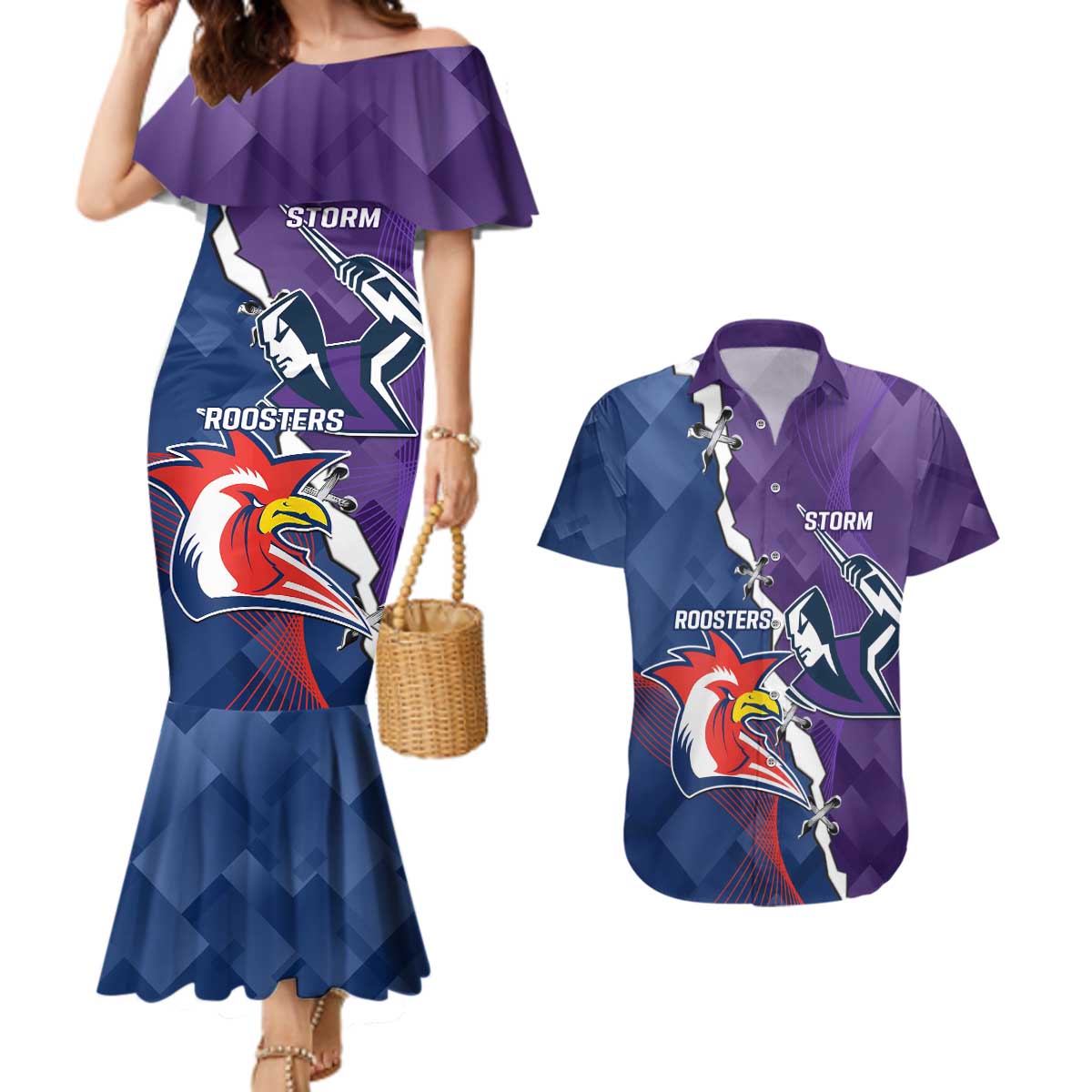 Custom NRL Storm And Roosters Rugby 2024 Couples Matching Mermaid Dress and Hawaiian Shirt Go Champions Dynamic Version