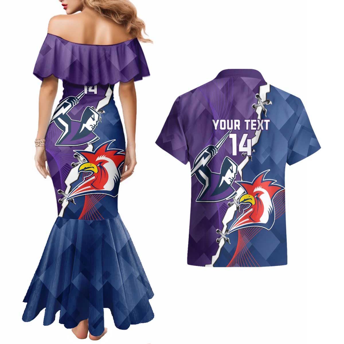 Custom NRL Storm And Roosters Rugby 2024 Couples Matching Mermaid Dress and Hawaiian Shirt Go Champions Dynamic Version