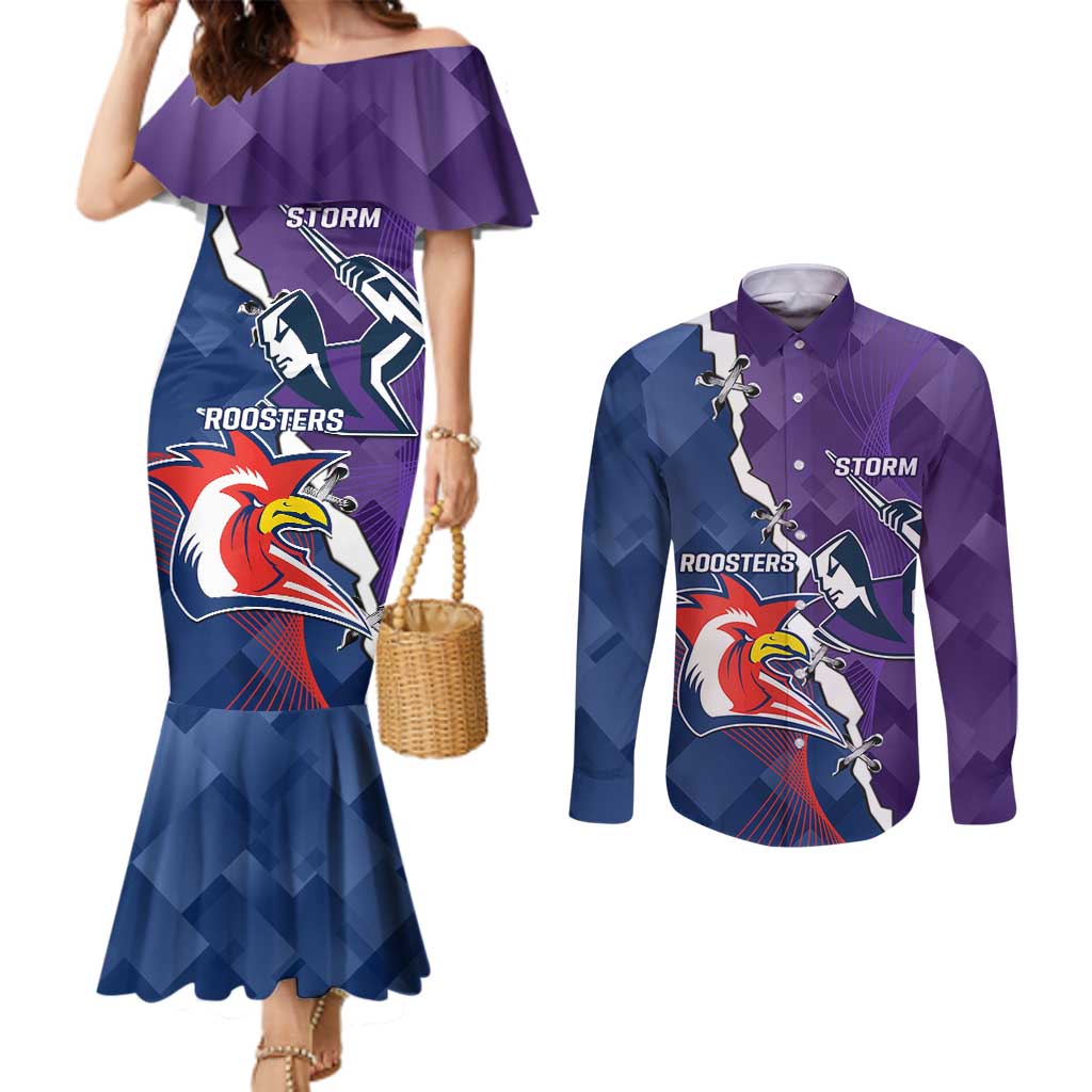 Custom NRL Storm And Roosters Rugby 2024 Couples Matching Mermaid Dress and Long Sleeve Button Shirt Go Champions Dynamic Version