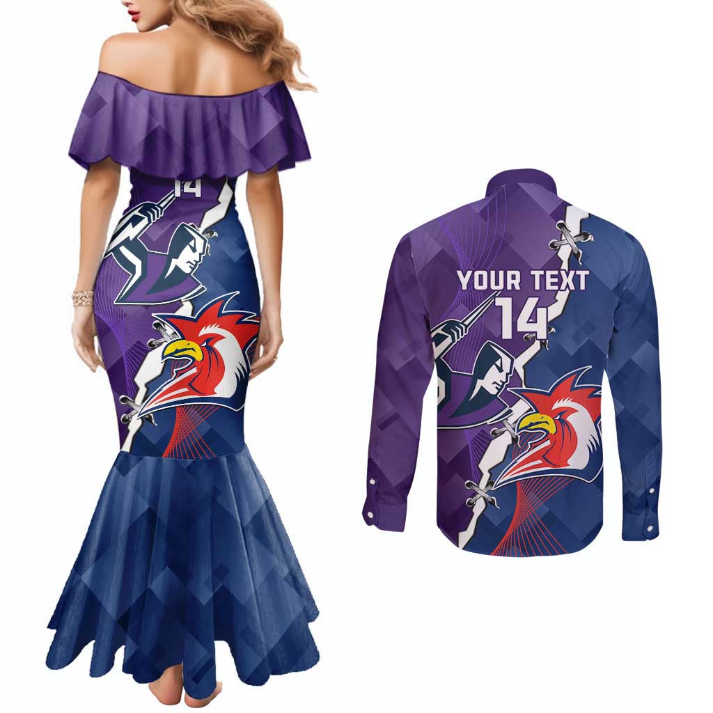 Custom NRL Storm And Roosters Rugby 2024 Couples Matching Mermaid Dress and Long Sleeve Button Shirt Go Champions Dynamic Version
