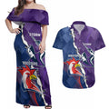 Custom NRL Storm And Roosters Rugby 2024 Couples Matching Off Shoulder Maxi Dress and Hawaiian Shirt Go Champions Dynamic Version