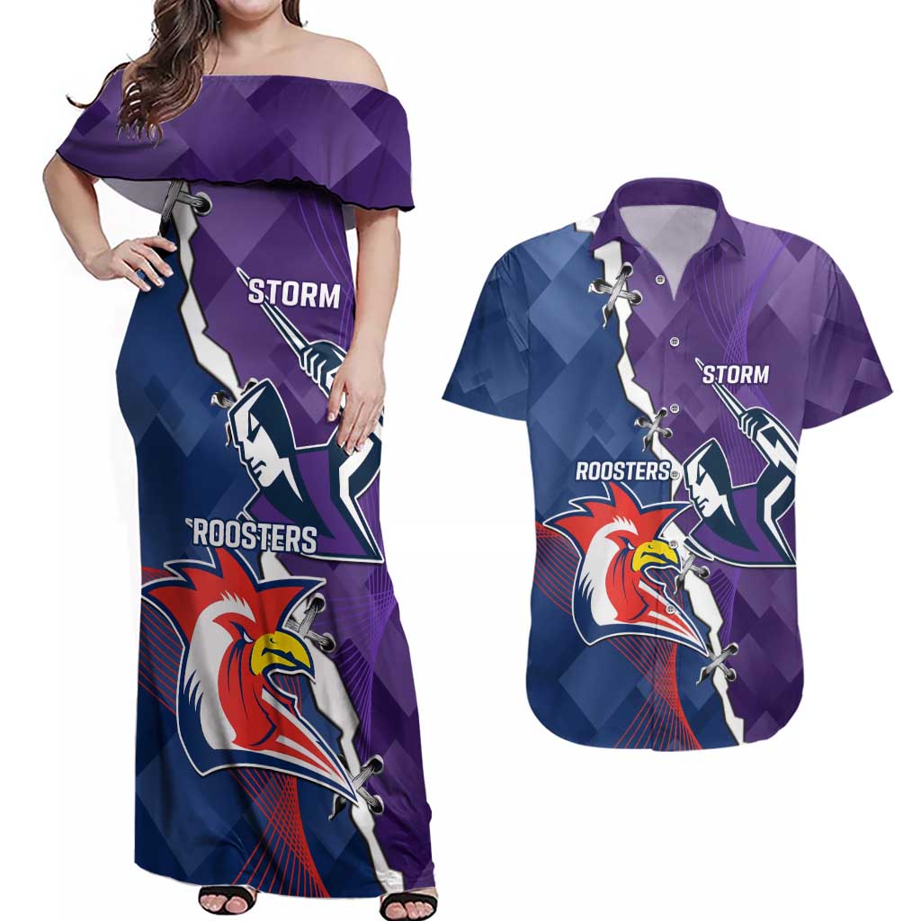 Custom NRL Storm And Roosters Rugby 2024 Couples Matching Off Shoulder Maxi Dress and Hawaiian Shirt Go Champions Dynamic Version