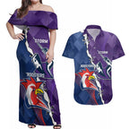 Custom NRL Storm And Roosters Rugby 2024 Couples Matching Off Shoulder Maxi Dress and Hawaiian Shirt Go Champions Dynamic Version