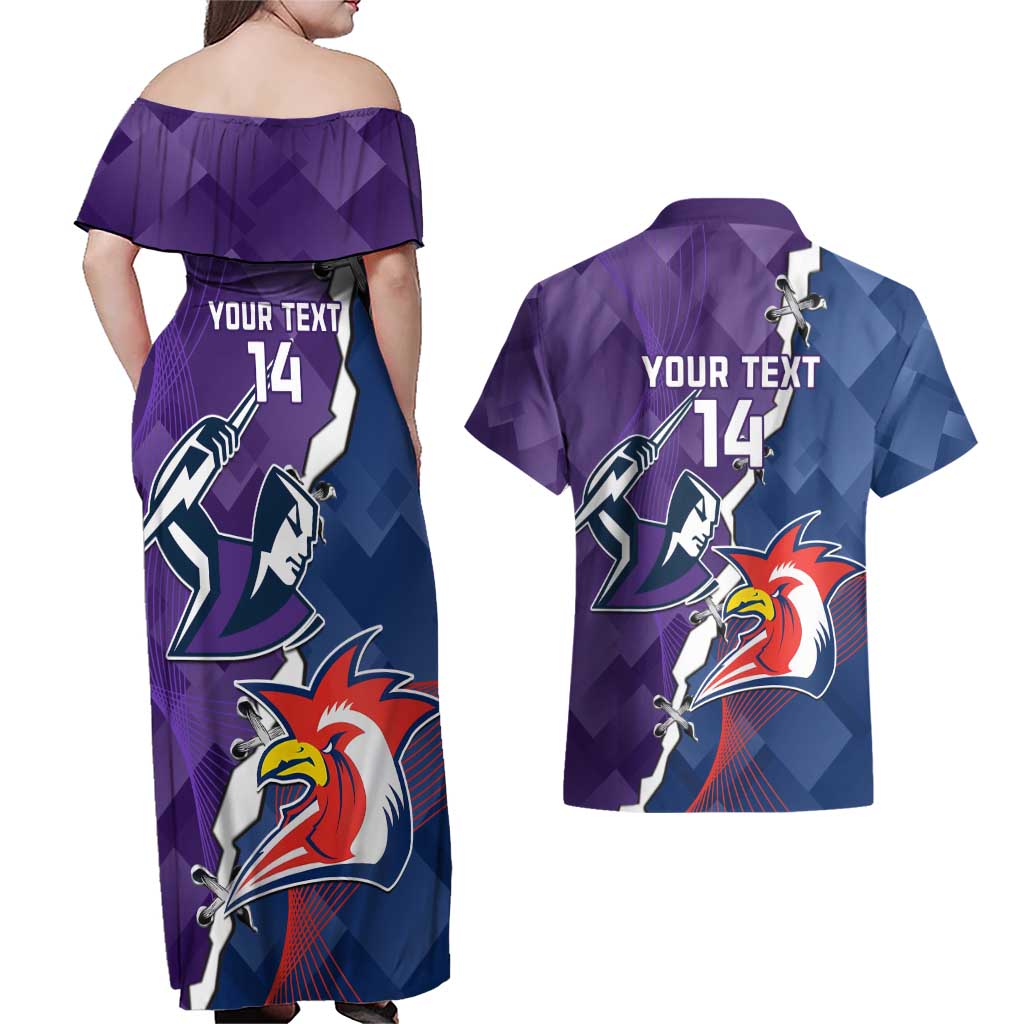 Custom NRL Storm And Roosters Rugby 2024 Couples Matching Off Shoulder Maxi Dress and Hawaiian Shirt Go Champions Dynamic Version