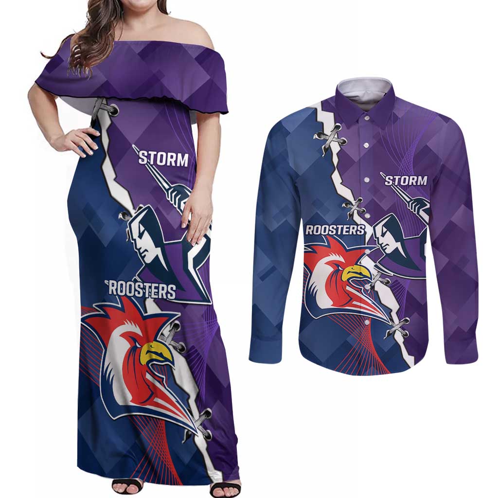 Custom NRL Storm And Roosters Rugby 2024 Couples Matching Off Shoulder Maxi Dress and Long Sleeve Button Shirt Go Champions Dynamic Version